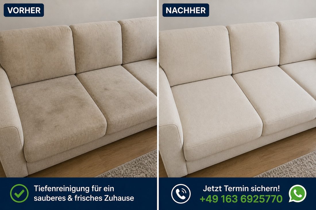 Sofa vorher mit Flecken, nachher tiefengereinigt